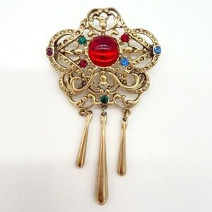 Vintage Victorian Revival Gold Tone Cabochon Brooch Pendant Dangle Drops